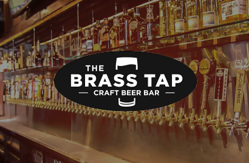 Brass tap logo with a background of beer tap handles.