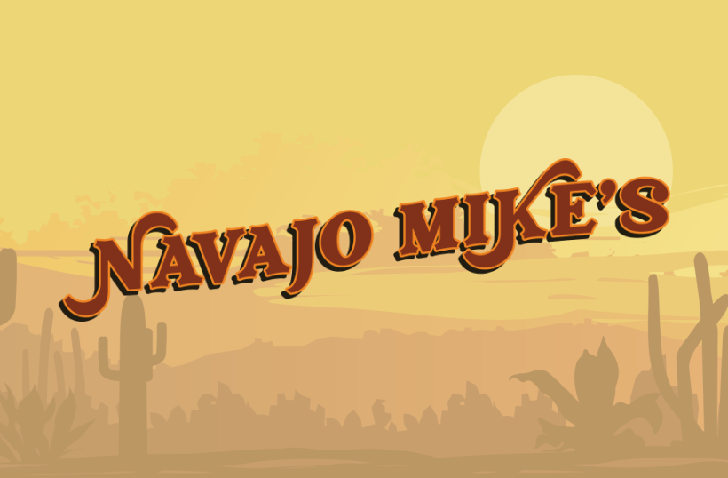 Navajo Mike's BBQ logo with a desesrt illustration background.