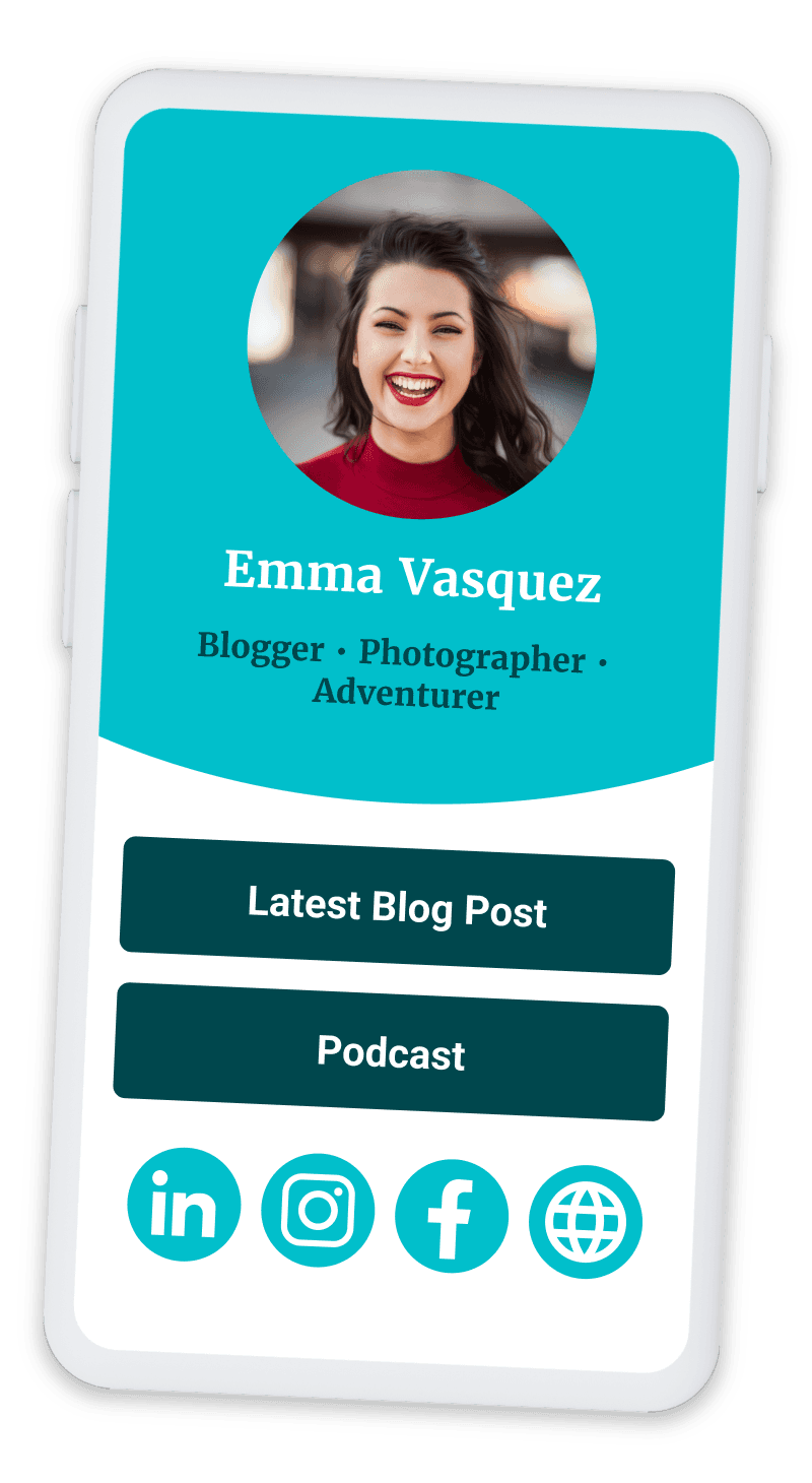 A creator’s Qbit page with links to a blog post, a podcast, and social profiles