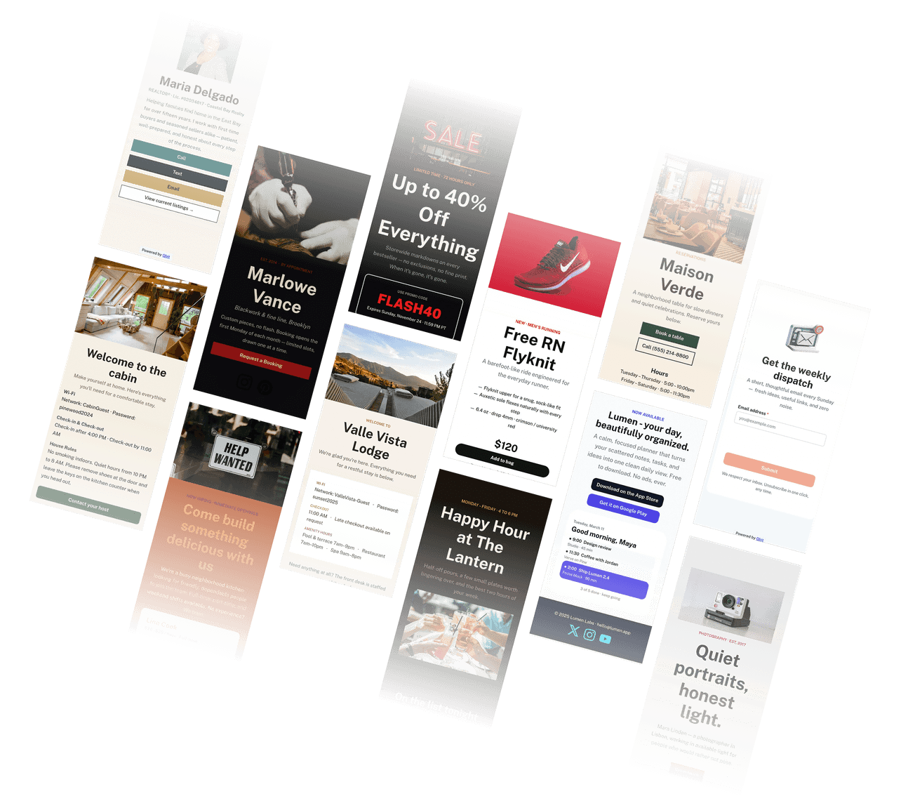 Qbit pages for a restaurant, a happy hour, a lodge, a realtor, a tattoo artist, and a photographer