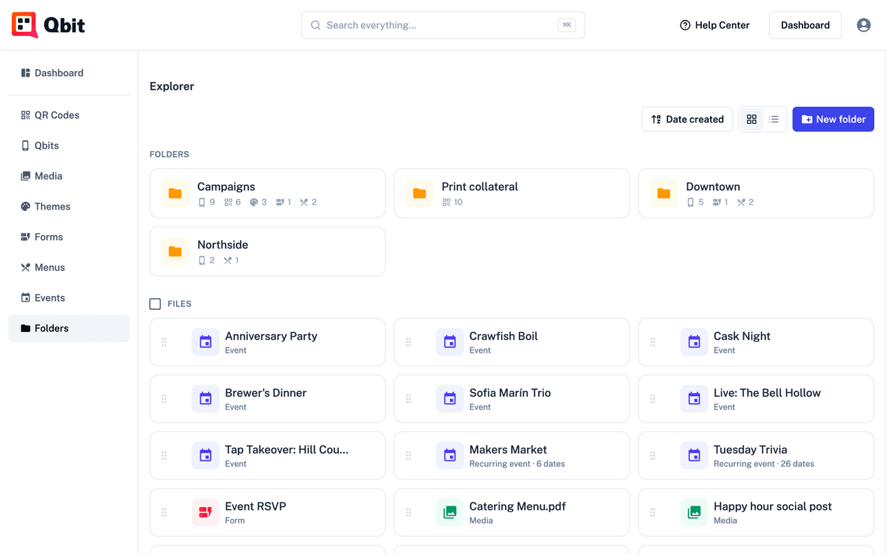The Qbit explorer organizing pages, codes, themes, and media in folders