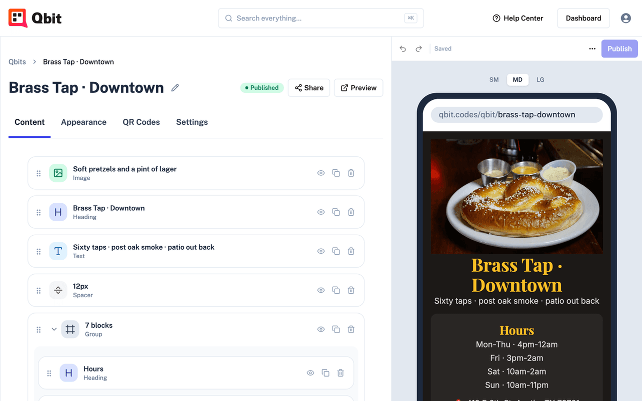 Building a landing page in the Qbit editor with a live phone preview