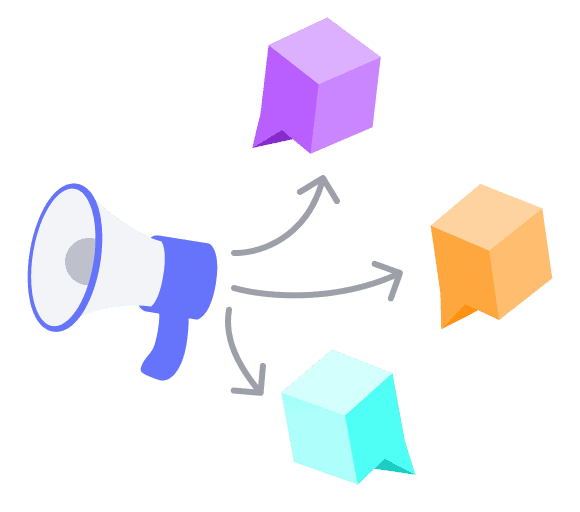 A megaphone and arrows pointing to severaal Qbits.