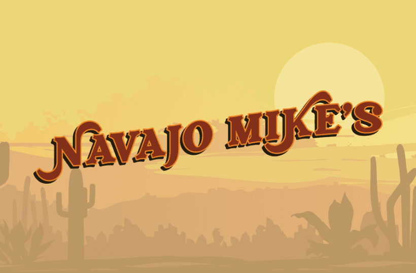 Navajo Mike's BBQ logo with a desesrt illustration background.